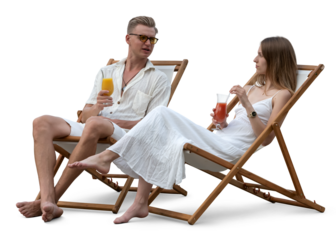 Man and woman in white summer clothes sitting in the beach sling chairs and drinking cocktails, isolated on white and transparent background