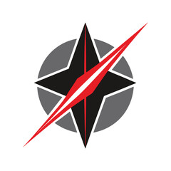 Stylized compass rose symbol with red and black elements on a gray circle navigation