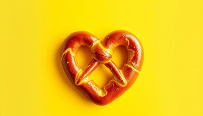 Heart-shaped pretzel, golden brown, on vibrant yellow background,  valentine,  overhead