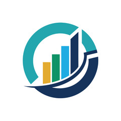 Teal and Blue Circular Graph with Upward Bar Chart and Swoosh Keywords: graph, chart, data, statistics, business, finance, growth, progress
