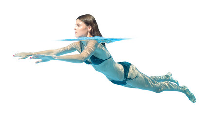 Underwater view of a young beautiful woman swimming in the pool, isolated on white and transparent...