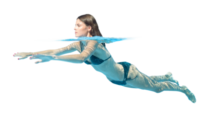 Underwater view of a young beautiful woman swimming in the pool, isolated on white and transparent background