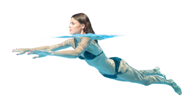 Underwater view of a young beautiful woman swimming in the pool, isolated on white and transparent background