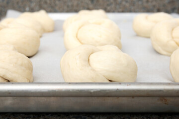 Bread bun knots on baking sheet rising. Raw dough knots. Multiple yeast breads in rows waiting to be baked. Traditional Swiss bread recipe called Zopf or Butterzopf or challah. Selective focus.