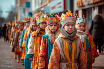 Children in Three Kings Costumes Celebrating Epiphany