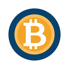 White Bitcoin symbol on orange circle with dark blue border on white background cryptocurrency