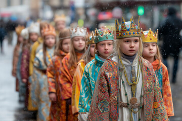Children in Three Kings Costumes Celebrating Epiphany