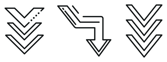Down Chevron Icon Set – Outline and Minimal Symbols for Navigation, Direction, and Interface Design
