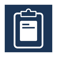 White clipboard icon with text lines on a dark blue square background Keywords: clipboard, icon, document, list, checklist, notes, writing, paper