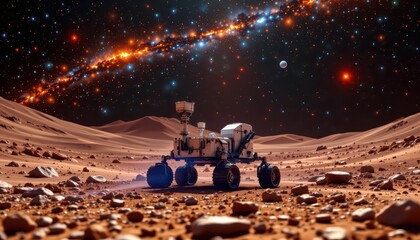 Robotic Rover Exploring Alien Planet Under Starry