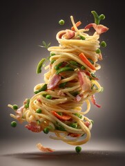 Delectable spaghetti tower with bacon and fresh green peas against a smooth backdrop perfect for culinary artistry and food photography