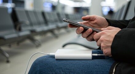 Hands hold a smartphone connected to a power bank, highlighting modern portable charging technology.Concept of mobile technology and portable charging.