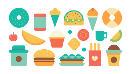 Vibrant flat vector illustration featuring a diverse collection of 25 food elements with a prominent pizza focus