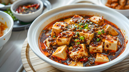 Naklejka premium Mapo Tofu: Authentic Sichuan Traditional Spicy-Numbing Tofu Dish with Silken/Firm Tofu, Minced Beef, Pixian Doubanjiang, Sichuan Peppercorns & Chili Oil—Stir-Fried for Savory Umami Flavor, Perfect wit