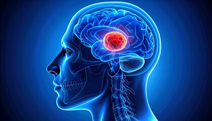 Obraz premium 3D medical illustration of highlighting a tumor inside the brain, glowing blue x-ray style, symbolizing neurological disorders and brain cancer