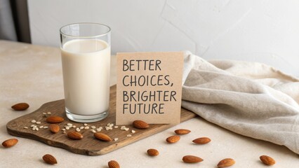 Glass of almond milk with encouraging card on a wooden board