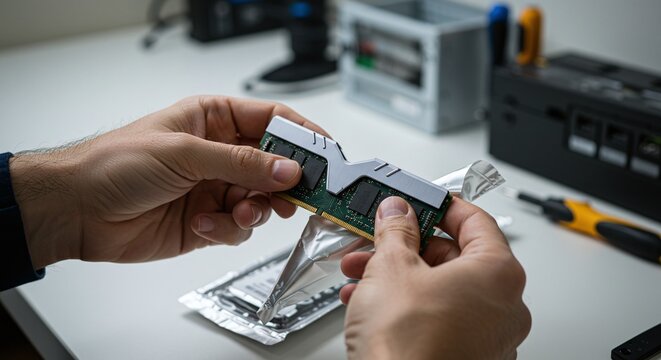 Hands unbox a new computer memory module from its protective anti-static bag for installation.Concept of computer hardware installation and upgrade.