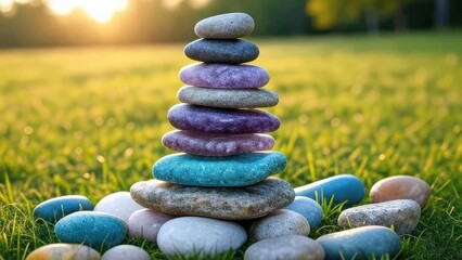 Stack of balanced stones on grass like a small pyramid tower