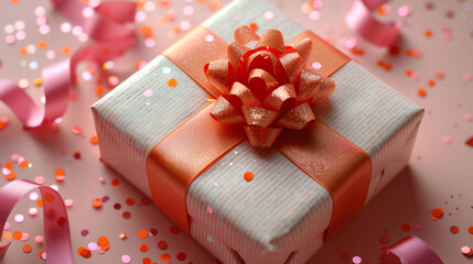 Gift box with orange bow on pink background with confetti