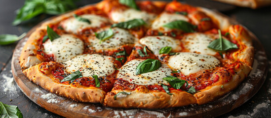 Fresh Margherita Pizza on Wooden Board, Dark Background