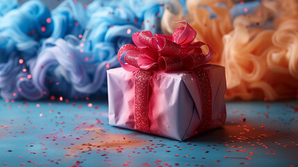 Gift box with pink bow on glittery surface, colorful backdrop