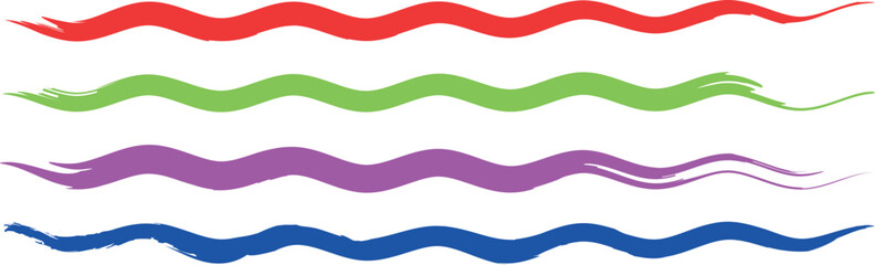 Vector Collection of Artistic Grungy and Colorful Handmade Zigzag Brush Stroke Pattern Set Isolated on Clean White Background