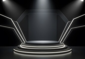 Sleek dark futuristic stage with glowing neon light lines and spotlights illuminating an empty circular podium, perfect for high-tech product presentations, awards, or virtual events