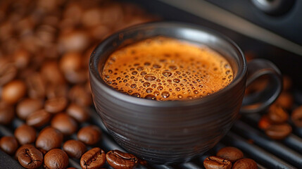Fresh espresso in cup on machine with coffee beans