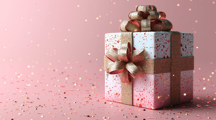 Gift box with gold ribbon on pink glitter background