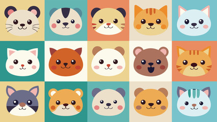 Collection of diverse animal faces in vibrant cmyk colors featuring cats dogs and more