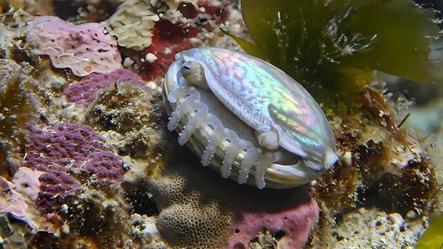 A living paua or abalone gastropod showing its iridescent nacre shell on a vibrant underwater ocean reef