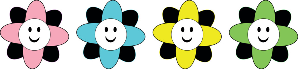 Trendy Psychedelic Cartoon Flower Illustrations – Cute and Happy Groovy Daisies with Fun Expressions in Retro Hippie Trippy Sticker Pack Vibes