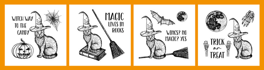 Halloween card collection, with a lettering phrases and a cat in a magic hat - sketch outline illustrations, drawings in engraving style. Hand-drawn vector line art clipart