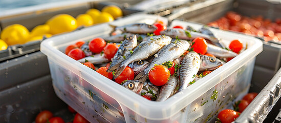 Fresh fish with tomatoes in container on boat, lemons in background, for meals