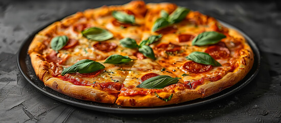 Freshly baked pepperoni pizza with basil on dark background
