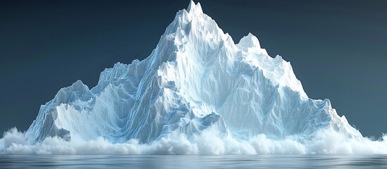 Giant iceberg floating in calm ocean, foggy base, dark sky