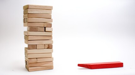 apart. Partially collapsed tower of wooden blocks with a single red block apart. real-estate listings, architecture portfolios, designed for interior renovation comparisons for interiors.