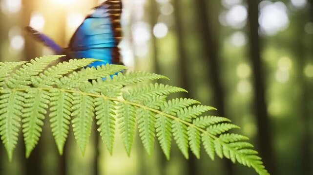 Stunning blue morpho butterfly gracefully landing on vibrant green fern in sun-dappled rainforest setting, creating a magical, ethereal moment