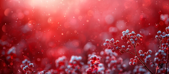 Frosty red berries in snowy field, sunlit bokeh background