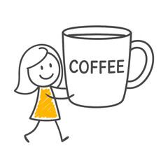 A Cheerful Employee Character Carrying a Large Coffee Mug Representing the Day's Energy Requirement.