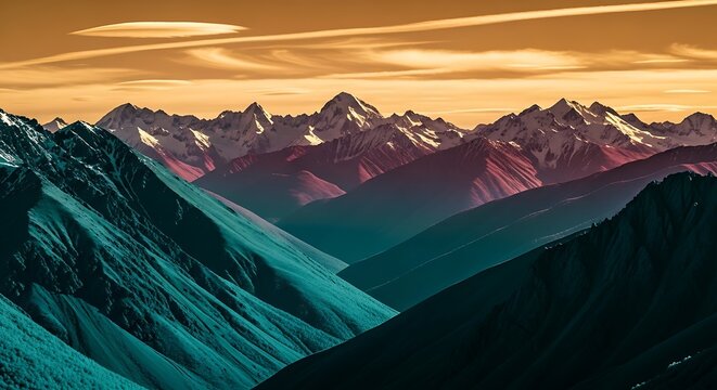 Dramatic mountain valley landscape with colorful sunset light and snow-capped peaks Keywords: mountains, valley