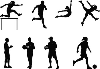Athletes in action, sports silhouettes, hurdling, sprinting, gymnastics, martial arts, basketball, soccer, coaching, black vector illustration, competitive training scene