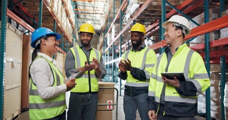 Happy people, logistics and handshake with team applause in warehouse for supply chain success. Excited, group or employees shaking hands with deal for storage distribution, partnership or agreement