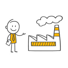 A Happy Man Holding a Document Proudly Pointing to a Factory or Production Facility.