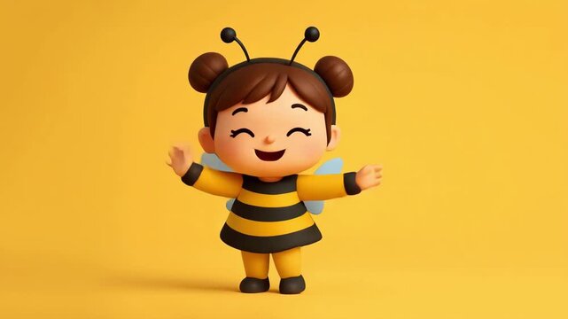 Happy Dancing Girl Dressed as a Bee for Halloween. Seamless Loop