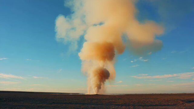 Powerful dust devil whirling across the arid landscape under a bright blue sky - natural phenomenon
