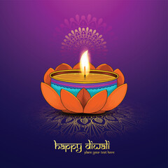 Illustration of burning diya on happy diwali celebration holiday card background
