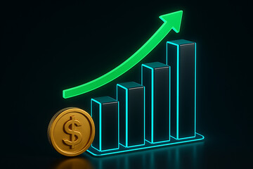 A dark background 3d rendered bar chart graph with glowing neon blue outlines, a bright green upward arrow, and a golden dollar coin, symbolizing business finance growth and market success