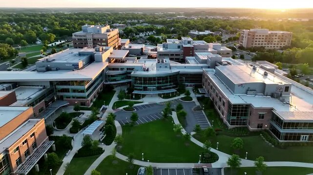 Aerial view of a large modern hospital complex at sunset with surrounding green landscape and distant trees