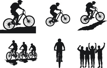 Cycling silhouettes, bike stunts, group ride, outdoor activity, celebration moment, black vector figures, sports action, rugged terrain, teamwork, motion scene, adventure lifestyle
